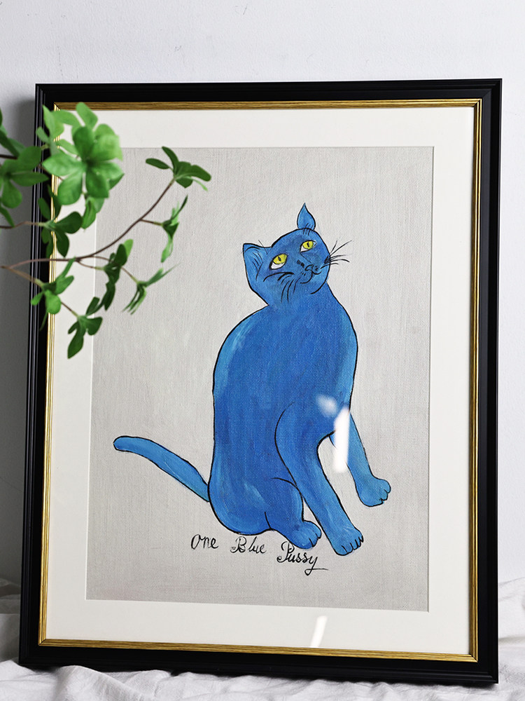 手绘油画一只蓝猫餐厅装饰画沙发背景墙客厅挂画2022新款现代艺术