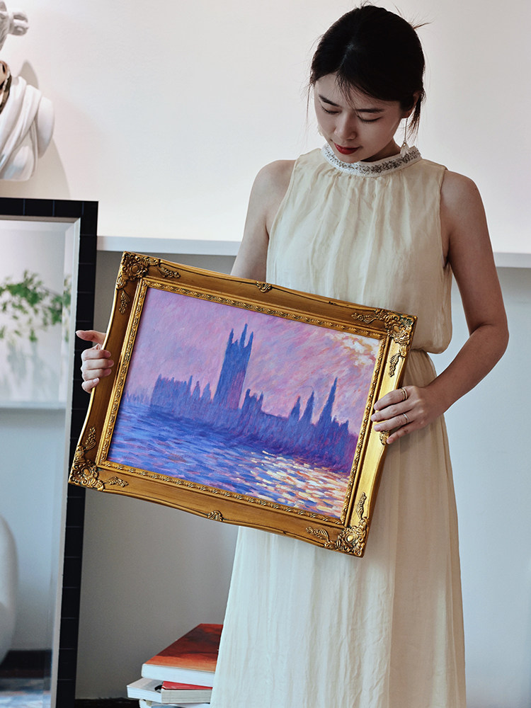 monet莫奈紫色冬天的国会大厦手绘油画古典金客厅卧室挂画