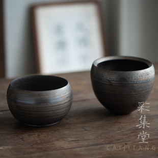 彩集堂 陶器水盂水洗笔洗茶渣缸干泡茶具单杯洗 复古鎏金建水 日式