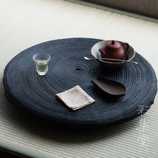 彩集堂 年轮干泡台实木四足飘窗小茶台展示摆件底座侘寂黑色茶盘