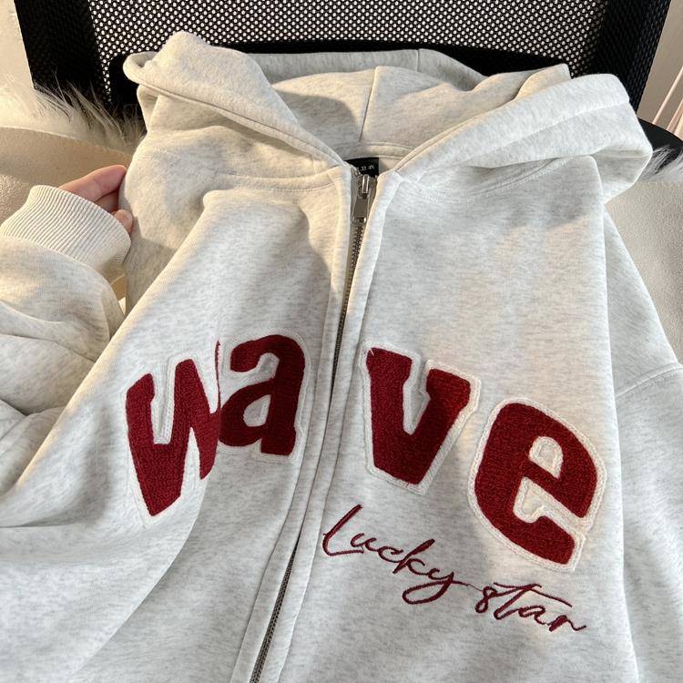 纯棉刺运绣RYX外套~链式复古加绒拉开衫连帽卫衣女春秋宽松休美闲