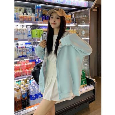 小吉家外NCF大女装拼秋冬慵懒码风格子接卫衣宽松加绒加厚连帽开