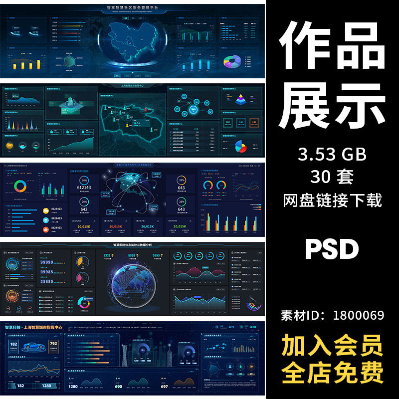 可视化大屏数据管理台ui界面智慧城市社区信息监统计平psd素材