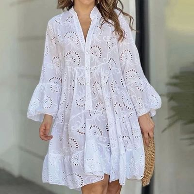 V-neck loose hollow lace flower sexy dressV领镂空蕾丝连衣裙