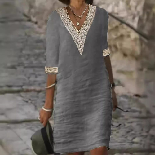 纯色V领中袖连衣裙   Solid color V-neck mid sleeve dress