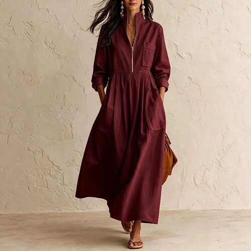 Stand up collar half zipper pleateddress立领半拉链收褶连衣裙