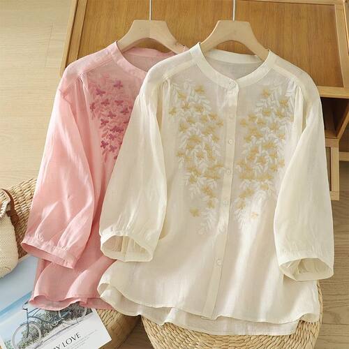 立领女士半袖上衣Standing collar women's half sleeved shirt
