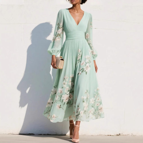印花V领压褶连衣裙女Printed V-neck pleated dress for women