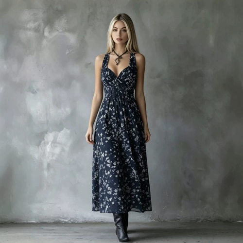 V领挂脖收腰连衣裙女   V-neck halter waist dress for women