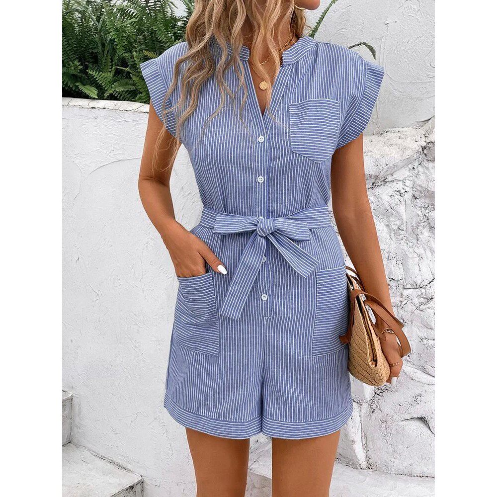 Striped V-neck sleeveless jumpsuit shorts条纹V领无袖连体短裤