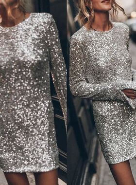 Leisure sequin long sleeved dress休闲色亮片长袖包臀连衣裙女