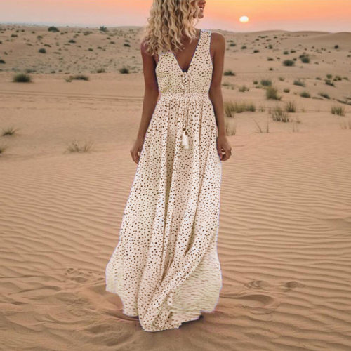 V领波点印花连衣长裙V-neck polka dot printed jumpsuit dress
