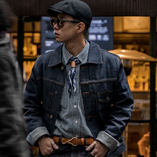 日系復(fù)古原牛赤耳丹寧原漿外套阿美咔嘰工裝 牛仔夾克男 著 古叔