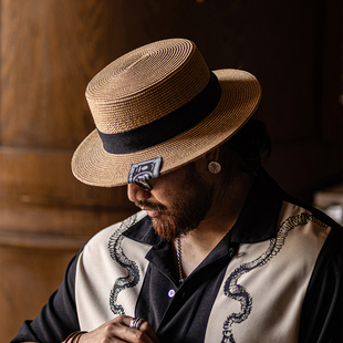 古叔的着 老钱风平顶草编帽男夏季新款防晒康康帽船夫帽复古草帽