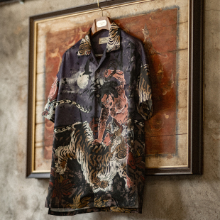 着 男夏季 武松打虎 衬衫 休闲印花复古凉感衬衣 古巴领短袖 古叔