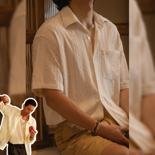 着 衬衫 「绅痞」 提花镂空短袖 老钱风复古白色休闲衬衣 意式 古叔