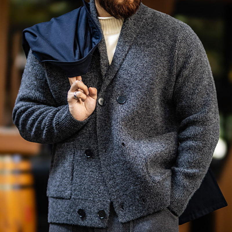 「粗犷绅士」青果领毛衣开衫外套