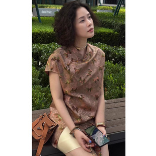 气质桑蚕丝宽松中长款 新中式 新款 国风真丝蜀锦小衫 奥黛 女夏季