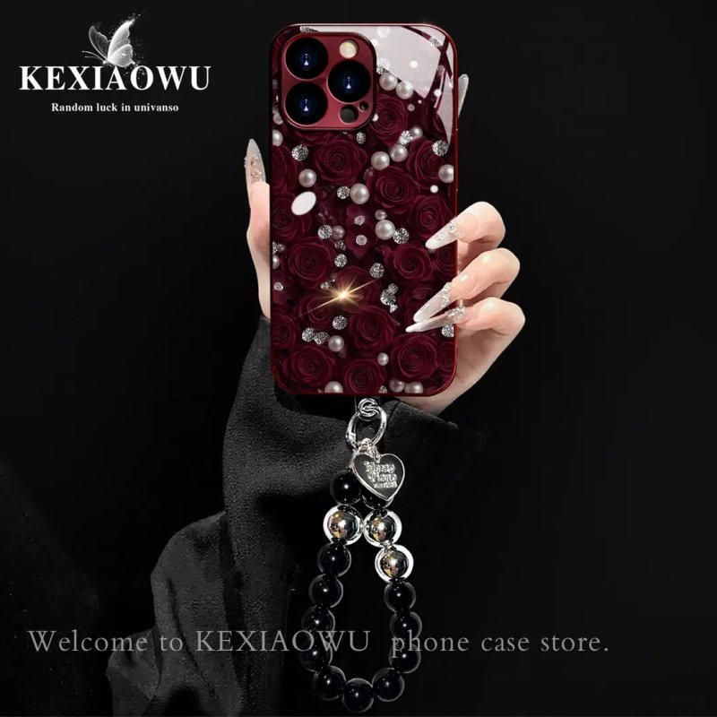 酒红电镀玻璃珍珠玫瑰适用苹果/华为荣耀/oppo/vivo/小米手机壳新款17promax全包防摔女款带手链巨好看的外壳,3C数码配件,手机保护套/壳,淘宝优惠券,粉丝福利购,淘宝优惠卷