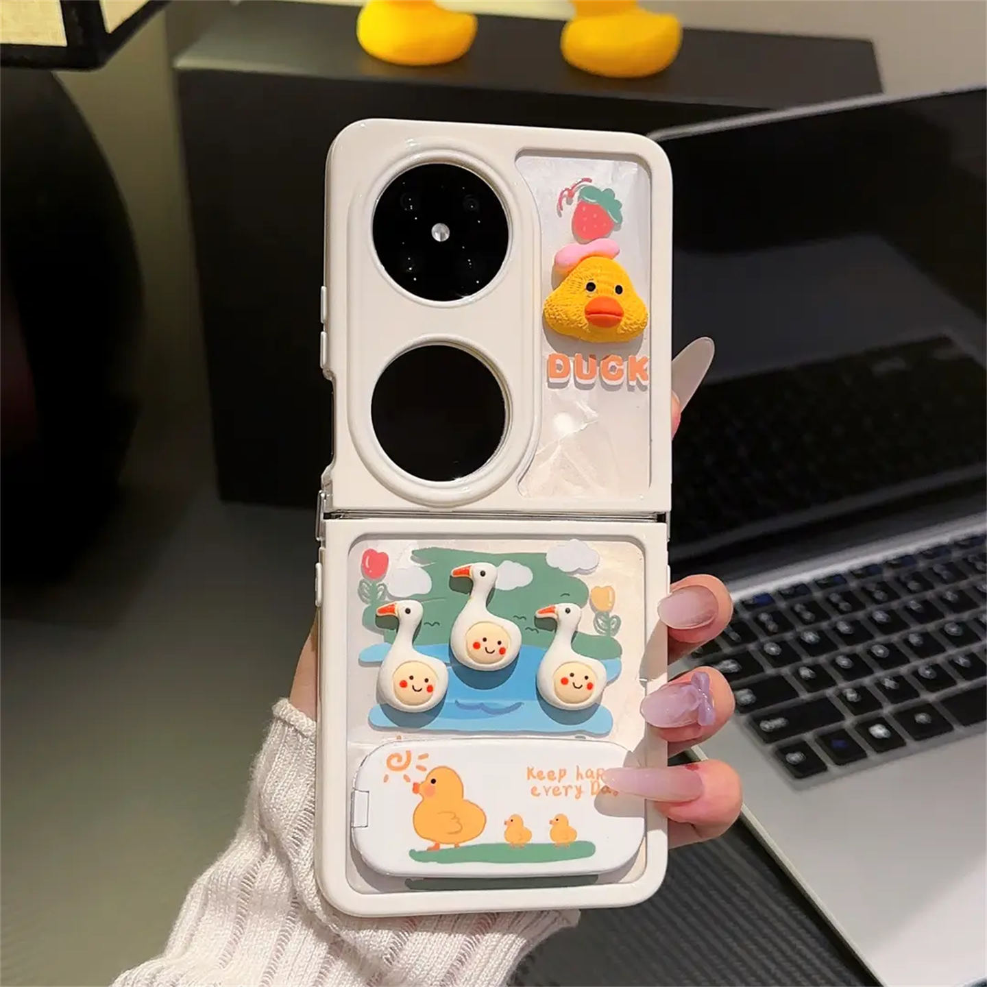 小鸭镜子支架奶油壳适用华为pocket2手机壳find3FLIP硅胶壳高级小折叠屏全包防摔男女艺术定制版优享版手机套