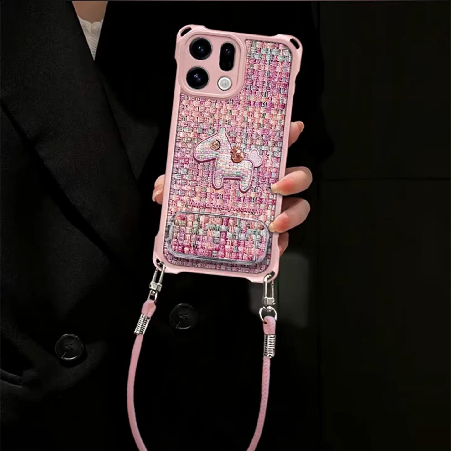 编织小马四角挂绳皮纹适用OPPOfindx9手机壳新款超级好看女款findx8保护套ins风小清新全包findx9pro/x7外壳