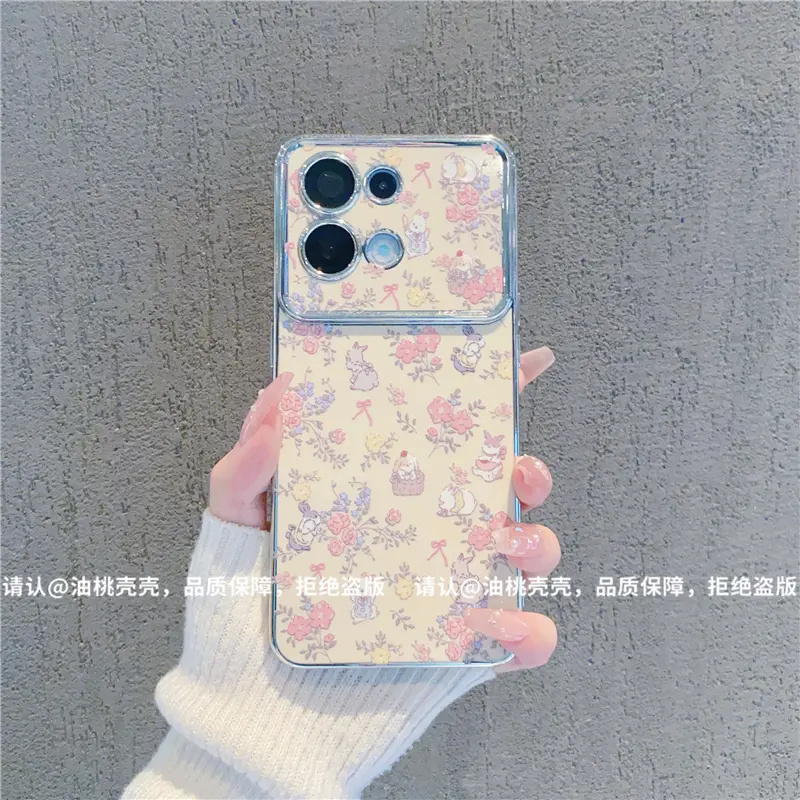 可爱兔子碎花电镀大视窗适用opporeno8手机壳新款2025网红爆款reno8pro全包防摔保护套oppo女生超好看ins外壳