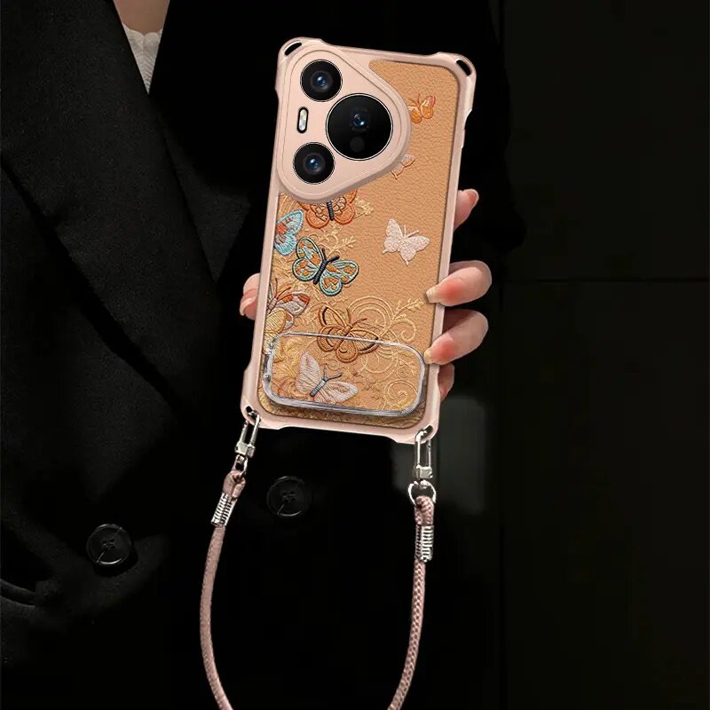 适用华为pura70pro手机壳新款四角挂绳皮纹pura70女款70pro+镜头全包防摔保护套女款pura80ins风60高级感外壳