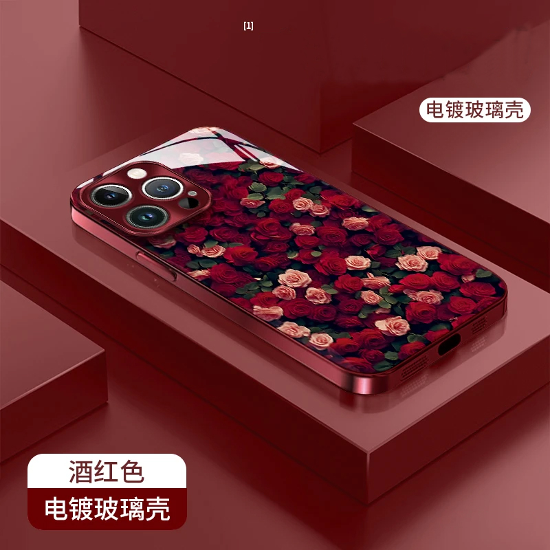 电镀玻璃壳红玫瑰适用苹果vivo华为荣耀oppo小米手机壳新款iphone16promax新年全包防摔保护套pura70女款外壳