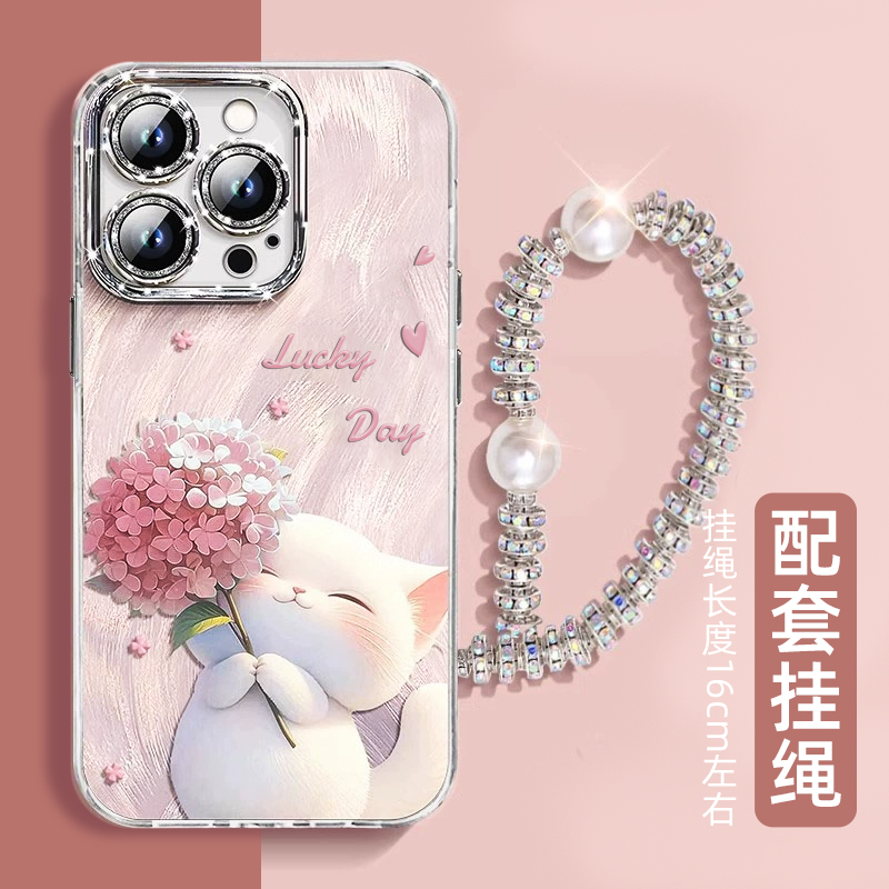 捧花猫咪适用苹果16promax手机壳女士2025新款iPhone15pro闪粉镜头膜全包防摔外壳14/13/12带挂绳ins时尚外壳