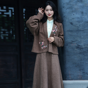 日常穿搭秋冬 呢子璇裙三件套装 彩云涧原创汉服毛呢外套飞机袖 短衫