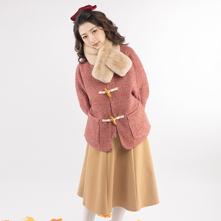 【彩云涧】圆领改良汉服 冬款格子毛呢花苞袖外套 加厚保暖百搭女
