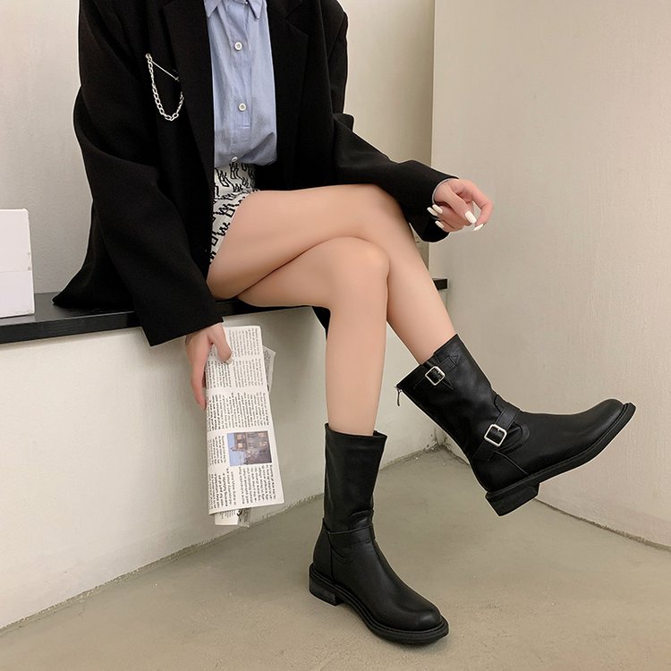 复古搭扣西部牛仔靴女2026新款棕鞋短靴软皮中筒骑行靴粗跟马丁靴