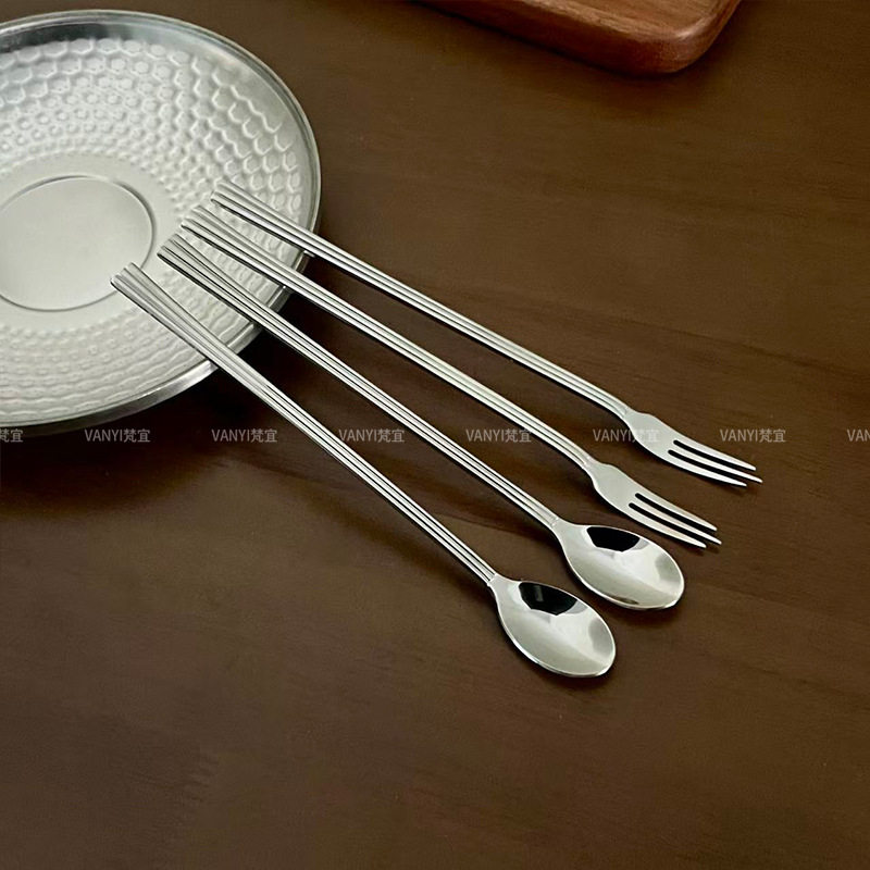 304不锈钢咖啡勺搅拌勺杯子用勺子精致复古长柄水果甜品叉子