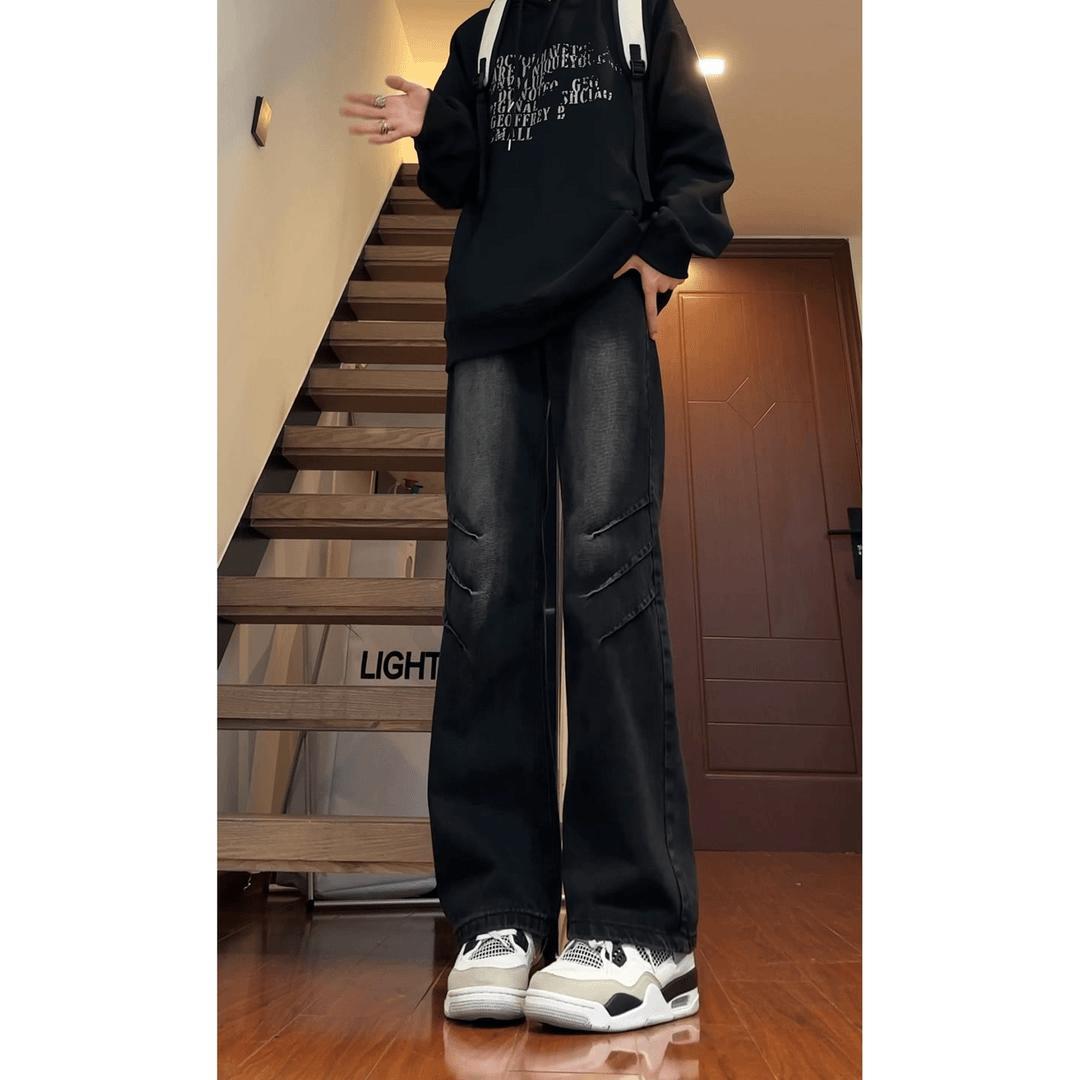 美式复古弯刀牛仔裤男士潮牌vibe风褶皱水洗做旧宽松直筒微喇裤子