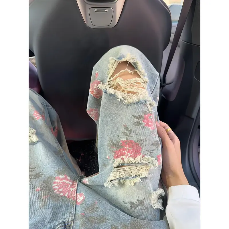 玫瑰破洞印花牛仔裤男夏季痞帅高级感直筒乞丐裤子美式微喇休闲裤