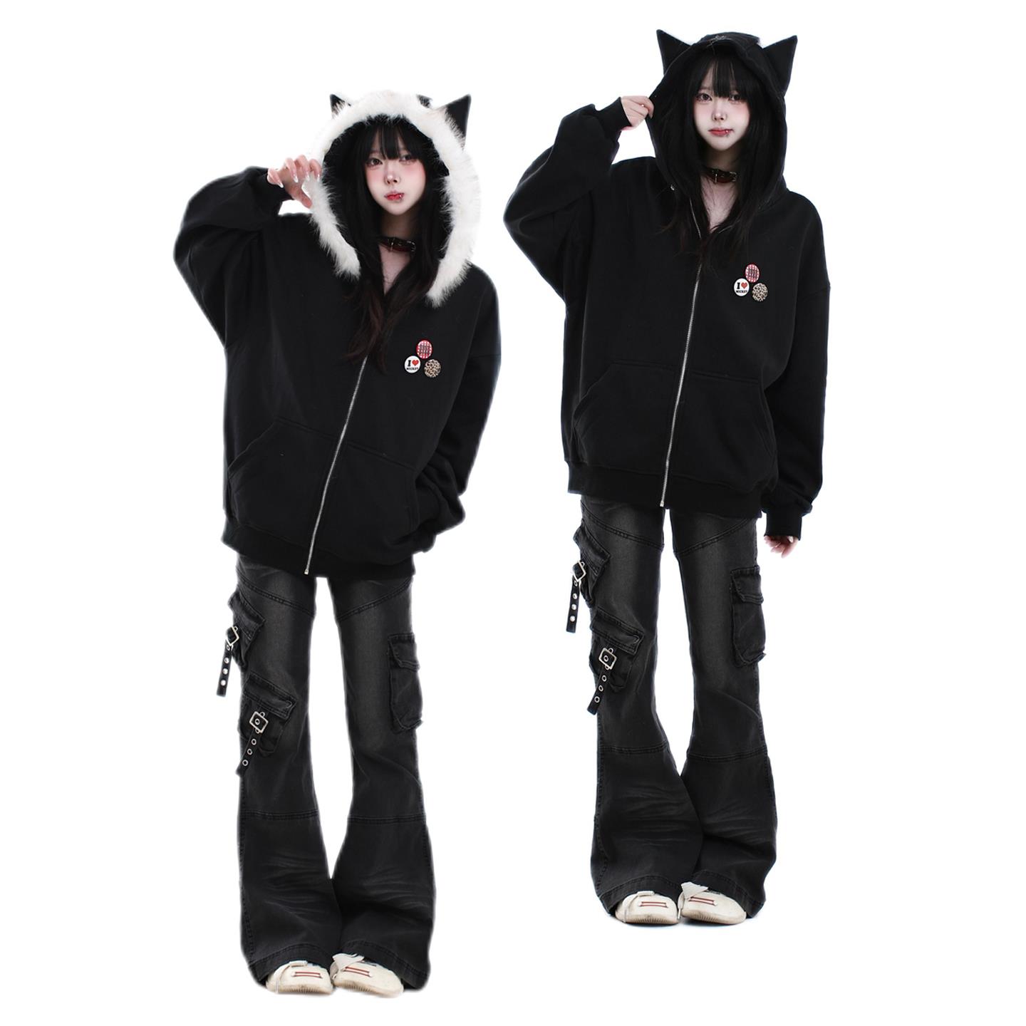 galiren春新款猫耳朵毛领连帽卫衣女春薄绒拉链开衫上衣外套情侣