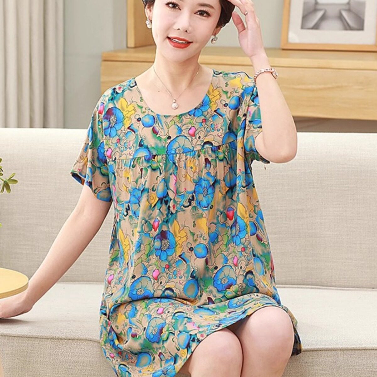 中老年妈妈睡裙女夏纯棉绸家居服薄款人造棉睡衣女夏款宽松洋装
