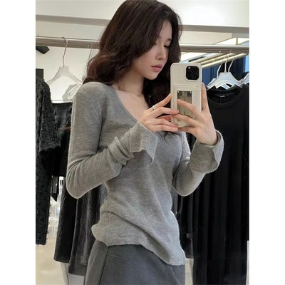 韩系灰色针织衫女秋冬2025新款设计感上衣修身长袖内搭低领打底衫