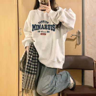 圆领卫衣女宽松2025新款秋冬季加绒加厚无帽白灰色女款巨好看上衣