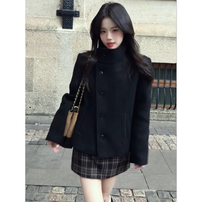 【静奢氤氲】韩系黑色毛呢外套格纹半身裙两件套女秋新款小众气质