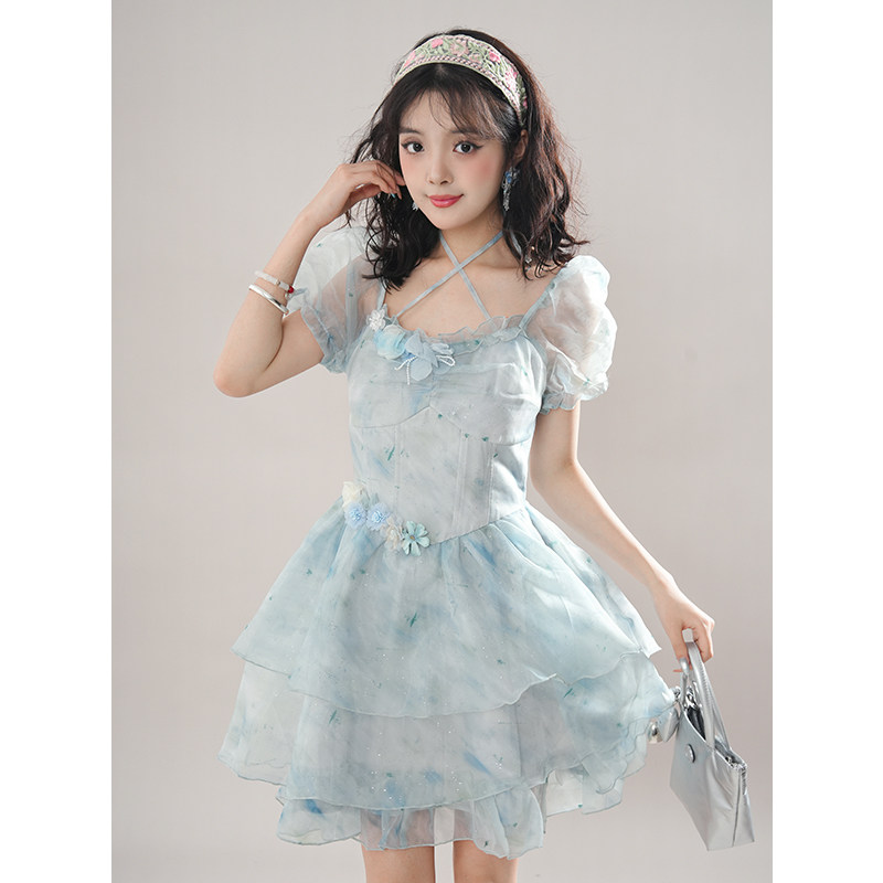 碎梦星野 甜美清新重工细闪连衣裙减龄挂脖网纱立体花朵蓬蓬短裙,女装/女士精品,连衣裙,淘宝优惠券,粉丝福利购,淘宝优惠卷