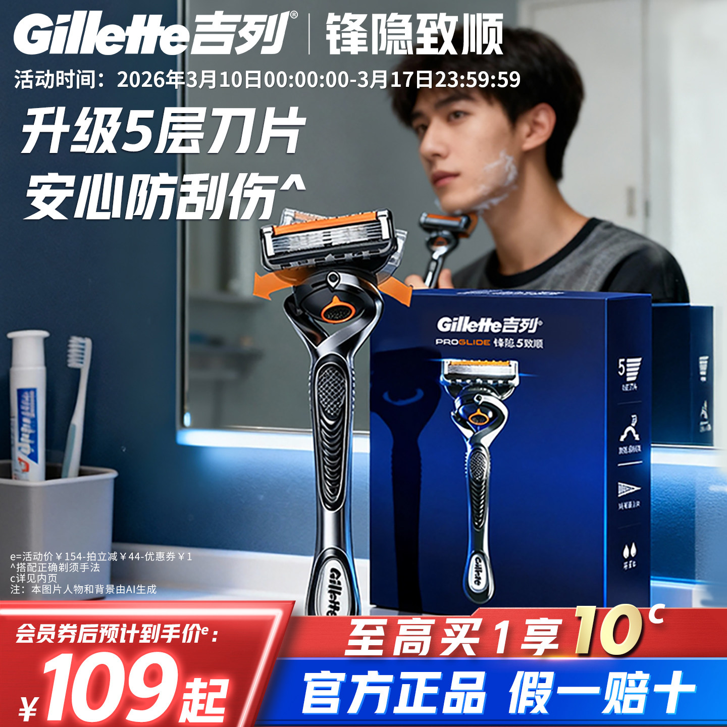 吉列锋隐致顺手动剃须刀非吉利男士5层刀片刮胡刀锋速5原装旗舰店