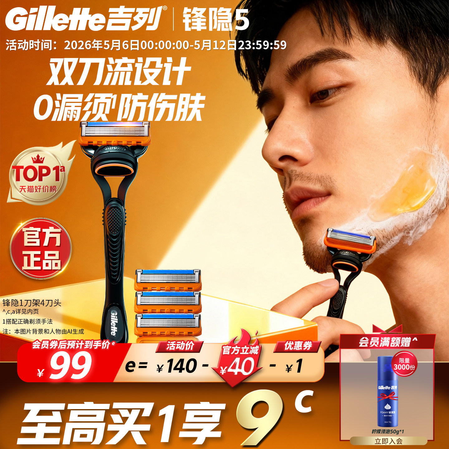 吉列锋隐5层刀片手动剃须刀非吉利男士刮胡刀锋速5正品官方旗舰店