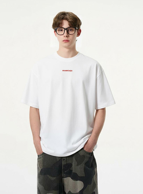 INVA原创字母刺绣重磅短袖T恤男夏季宽松百搭美式纯棉白色上衣潮