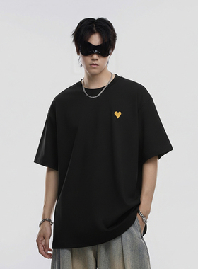 INVA重磅美式260g刺绣爱心短袖T恤男夏季新款宽松休闲上衣情侣潮