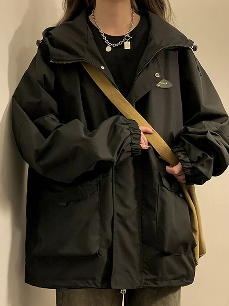 加绒黑色外套女冬季加厚美式复古chic连帽上衣棉服运动冲锋衣夹克