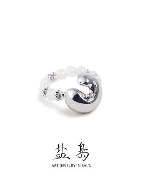 盐岛锦鲤系列白玛瑙串珠戒指弹力绳小众设计高级感闭口食指时尚