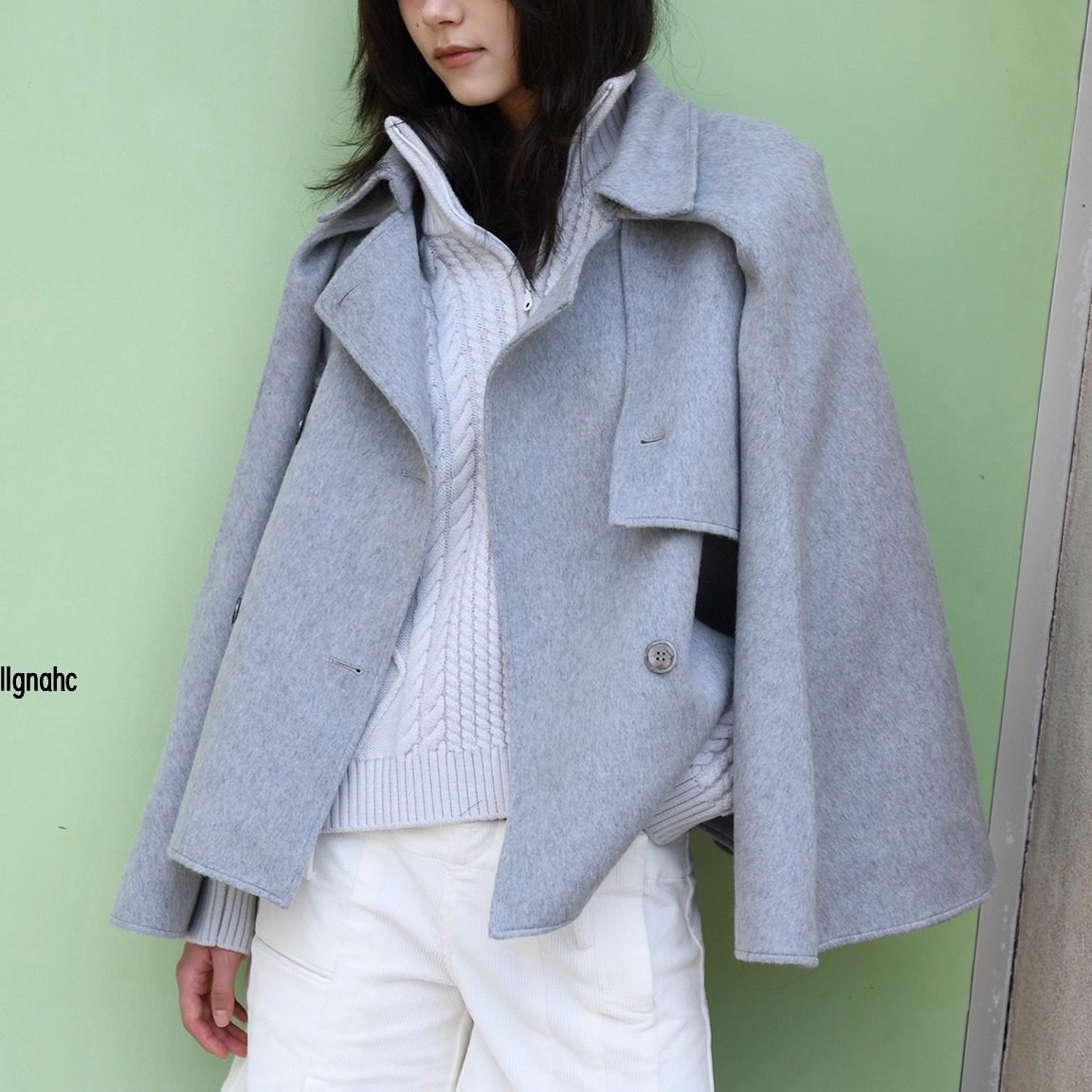 lllgnahc 浅灰色斗篷羊毛大衣女中长款宽解构毛呢双面呢外套翻领