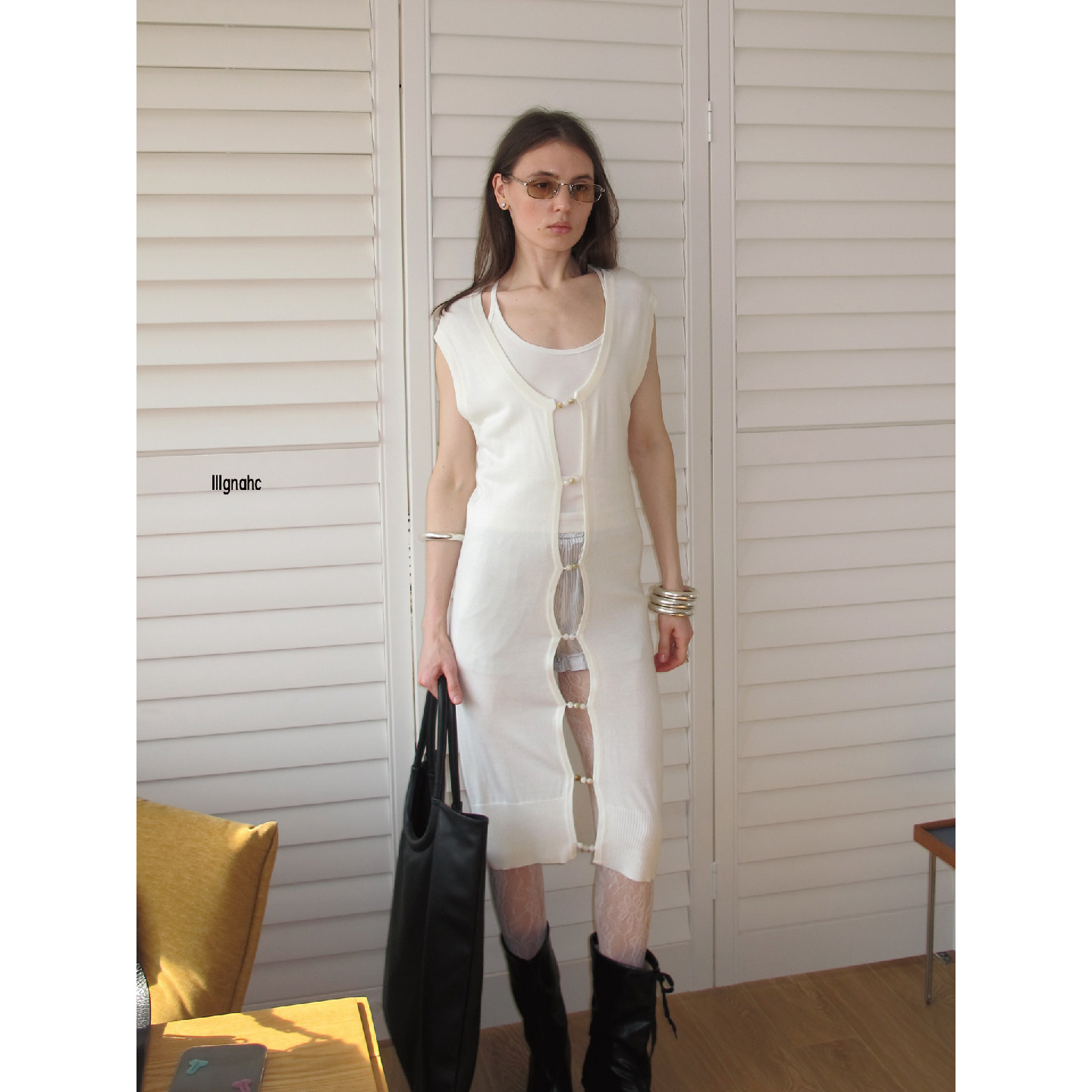 lllgnahc 羊毛天然玉石串珠白色针织长款无袖背心连衣裙2026春季