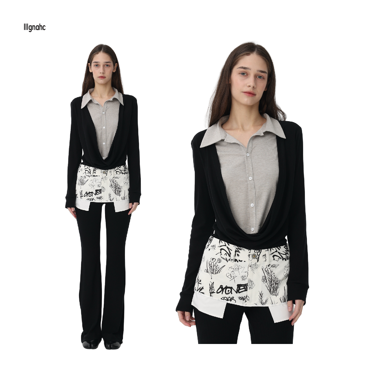 假两件荡领针织衫长袖上衣